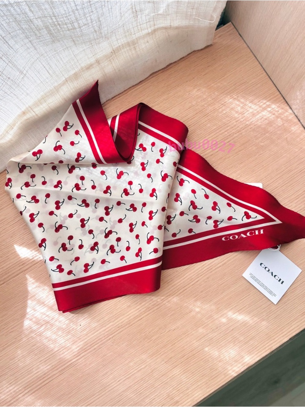 NWT🍒Coach Micro Cherry Print Silk Diamond Scarf CFG37 Hair Bag Accessories Gift